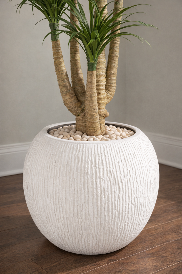 Artificial Multi-Head Dracaena in White Textured Pot – 170 cm — trunk and original planter close-up