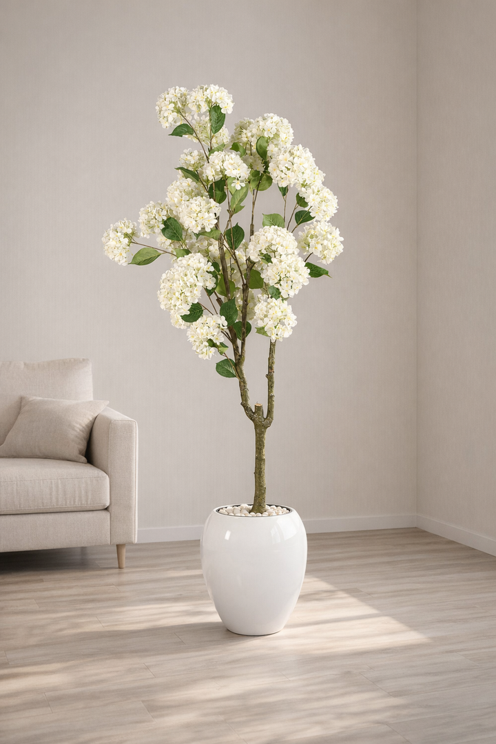 Artificial White Hydrangea Tree in Fiberglass Pot – 170 cm — interior lifestyle view