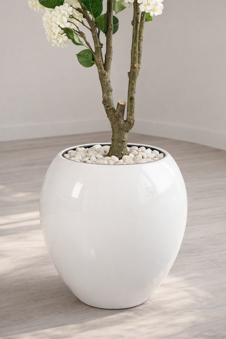 Artificial White Hydrangea Tree in Fiberglass Pot – 170 cm — trunk and original planter close-up
