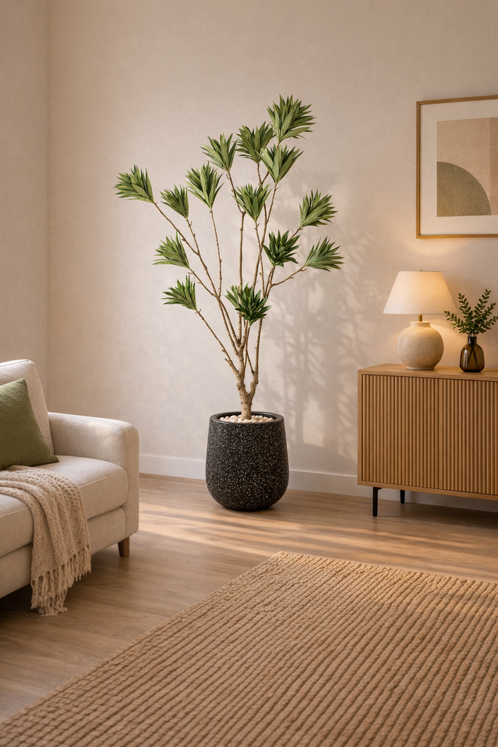 Artificial Green Foliage Tree in Black Fiberglass Pot – 180 cm — interior lifestyle view