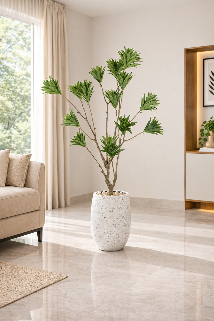 Artificial Green Foliage Tree in White Fiberglass Pot – 180 cm — interior lifestyle view