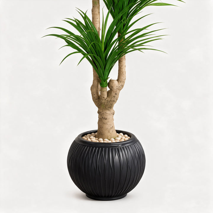 Artificial Three-Head Dracaena in Black Ribbed Pot – 165 cm — original trunk and planter close-up