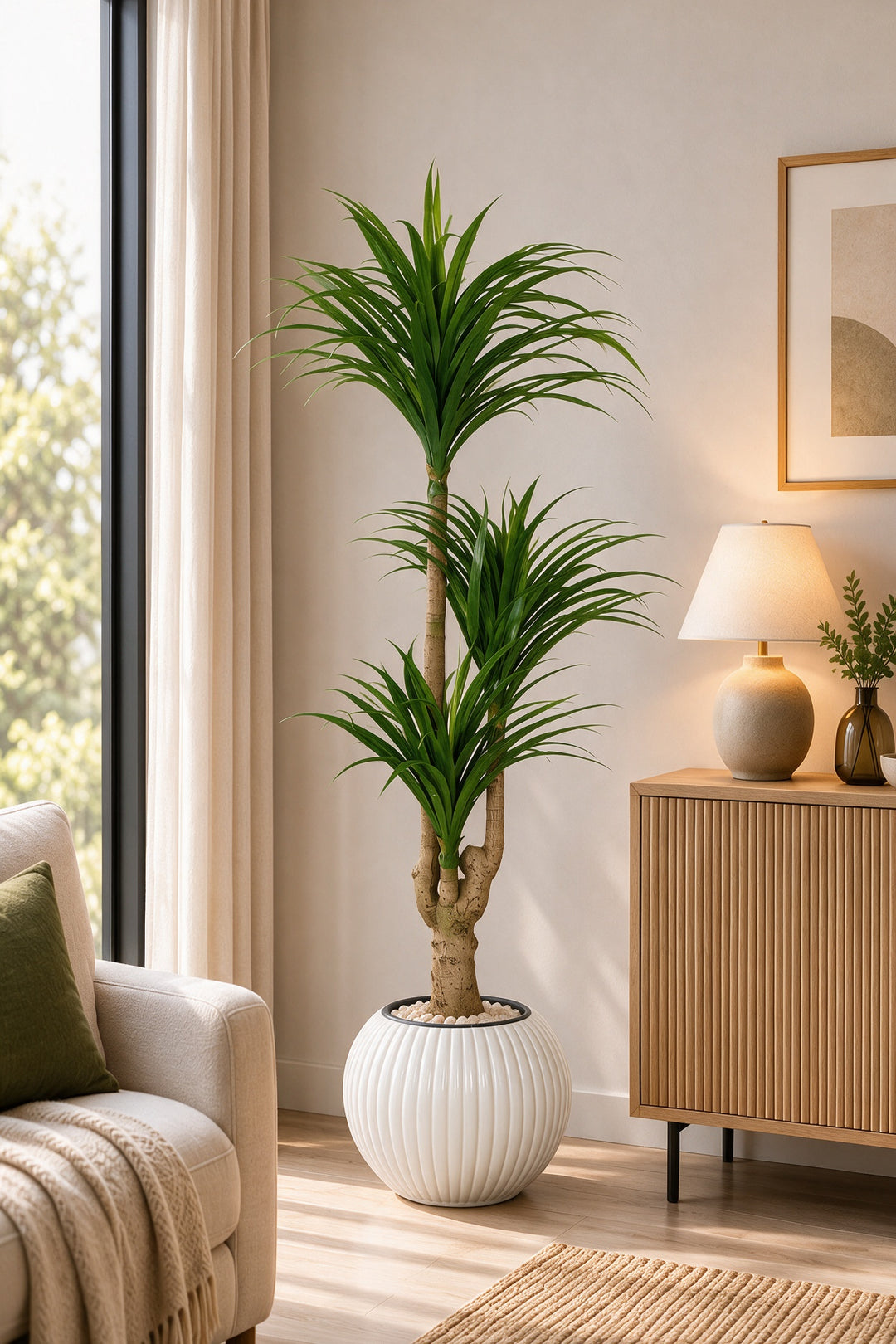 Artificial Three-Head Dracaena in White Ribbed Pot – 165 cm — full interior view