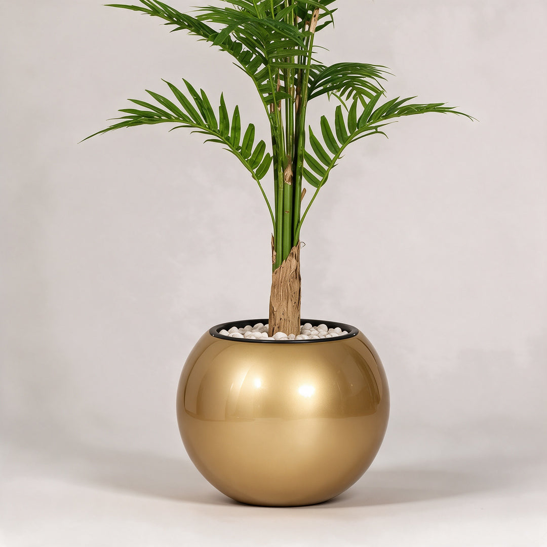 Artificial Palm in Gold Fiberglass Pot – 170 cm — original trunk and planter close-up