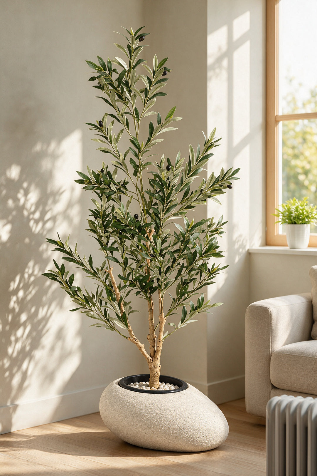 Artificial Olive Tree in Asymmetric Fiberglass Pot – 160 cm — full interior view