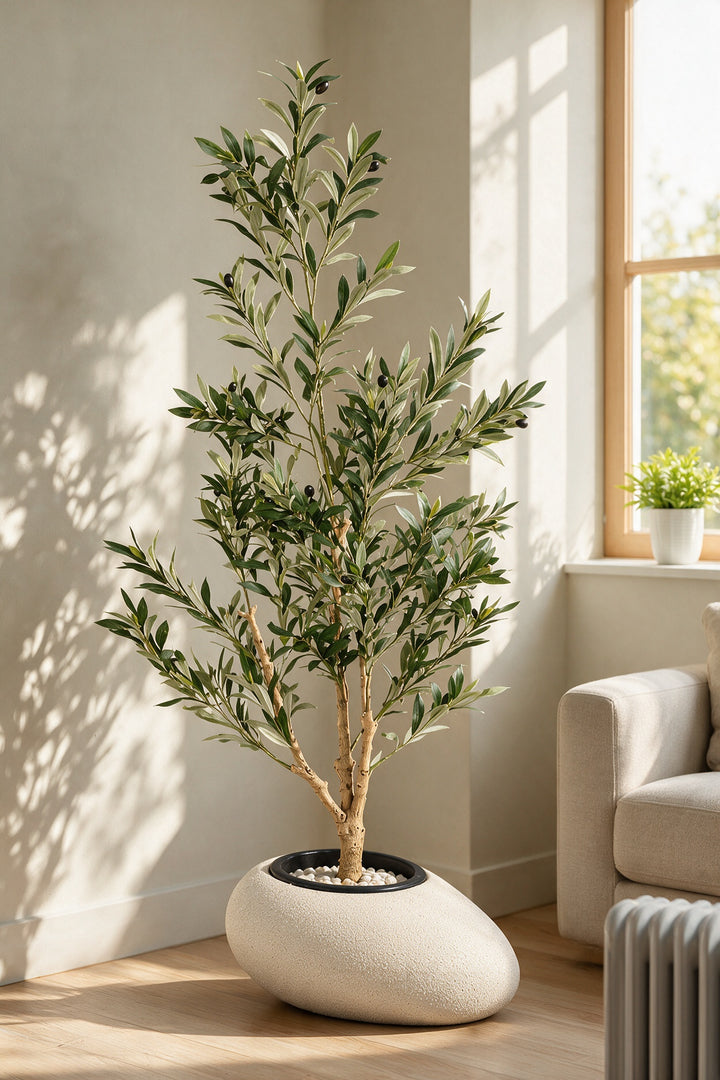 Artificial Olive Tree in Asymmetric Fiberglass Pot – 160 cm — full interior view
