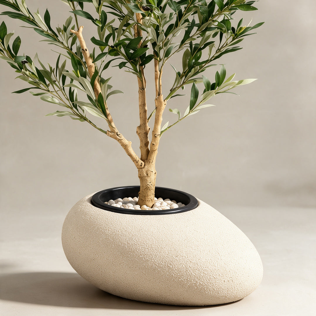 Artificial Olive Tree in Asymmetric Fiberglass Pot – 160 cm — original trunk and planter close-up