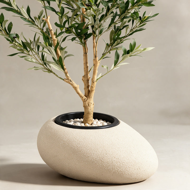 Artificial Olive Tree in Asymmetric Fiberglass Pot – 160 cm — original trunk and planter close-up