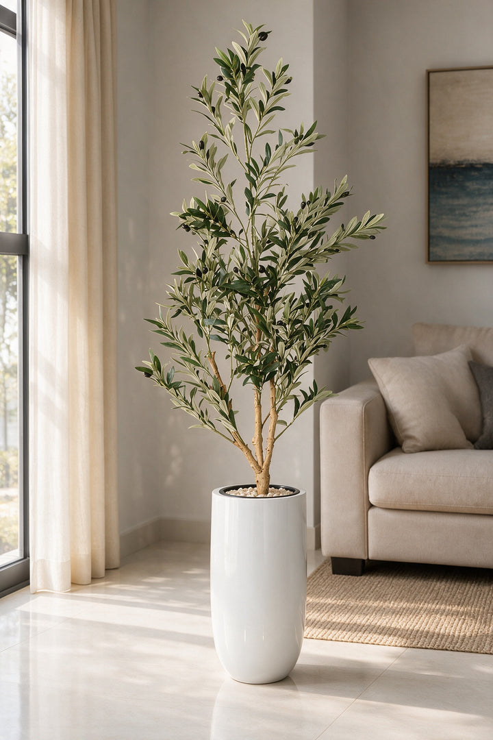 Artificial Olive Tree in Tall White Fiberglass Pot – 200 cm — full interior view