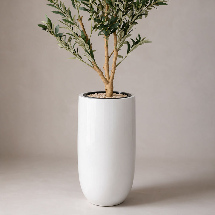 Artificial Olive Tree in Tall White Fiberglass Pot – 200 cm — original trunk and planter close-up
