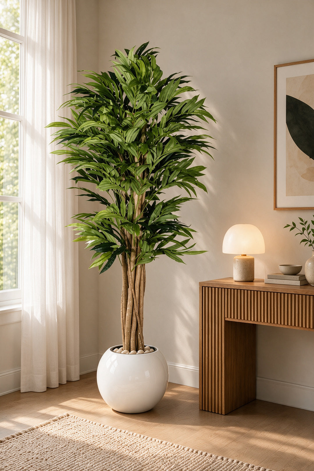 Artificial Green Foliage Tree in White Fiberglass Pot – 190 cm — full interior view
