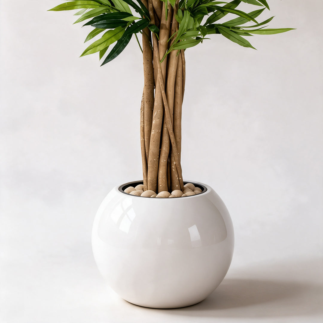 Artificial Green Foliage Tree in White Fiberglass Pot – 190 cm — original trunk and planter close-up