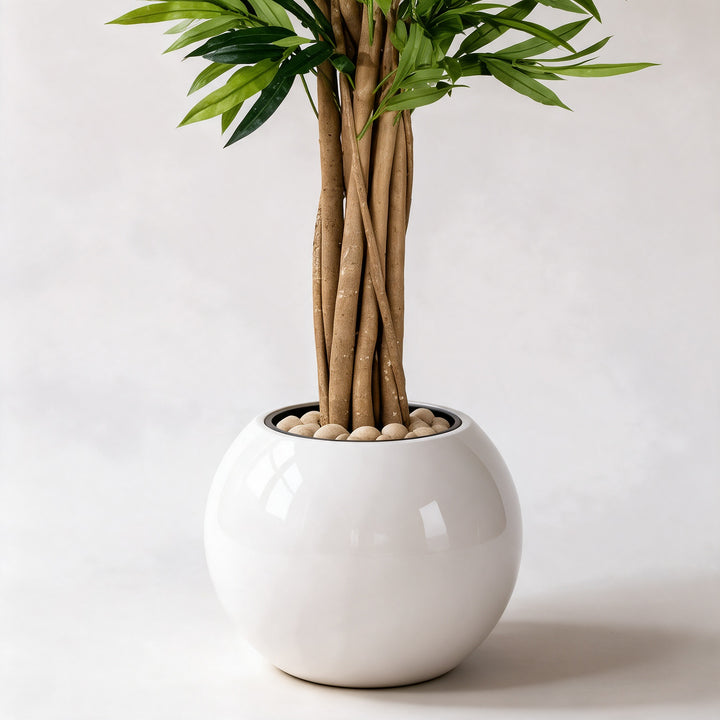 Artificial Green Foliage Tree in White Fiberglass Pot – 190 cm — original trunk and planter close-up