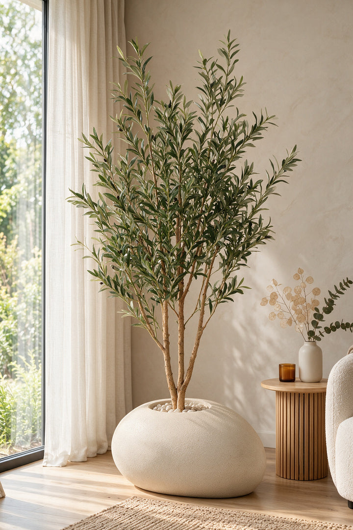 Artificial Olive Tree in Wide Pebble Fiberglass Pot – 150 cm — full interior view