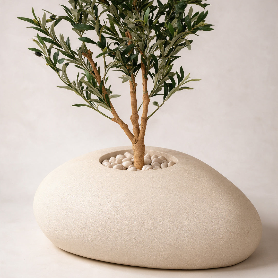 Artificial Olive Tree in Wide Pebble Fiberglass Pot – 150 cm — original trunk and entire planter close-up