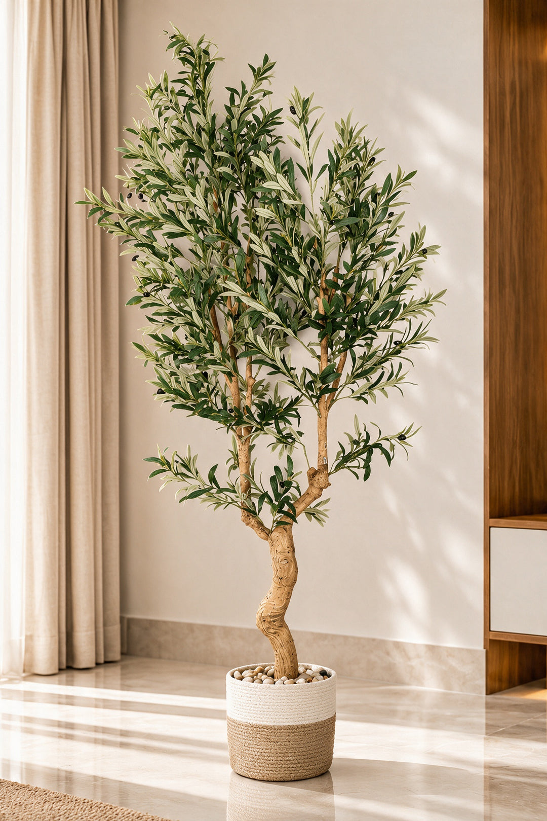 Artificial Olive Tree with Curved Trunk in Woven Pot – 210 cm — complete interior view