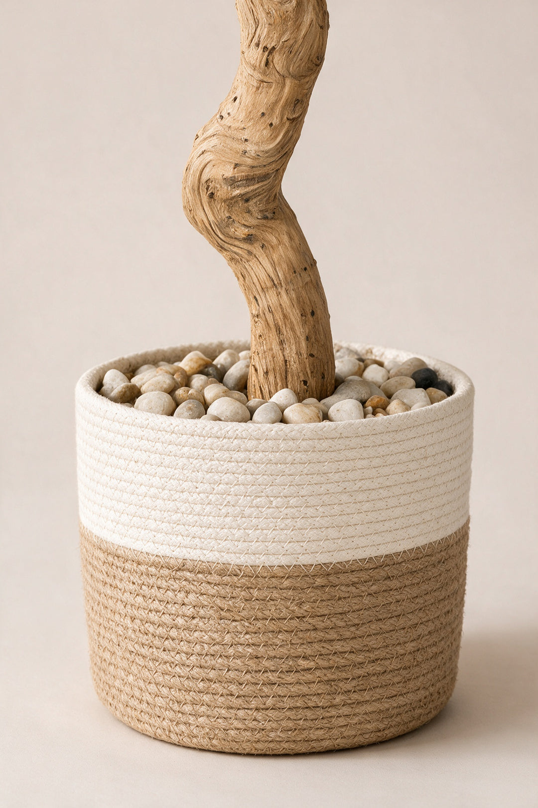 Artificial Olive Tree with Curved Trunk in Woven Pot – 210 cm — lower trunk and complete original planter close-up