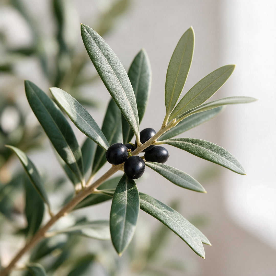 Artificial Olive Tree Set of 4 in Beige Fiberglass Pots — foliage and existing olive fruit close-up