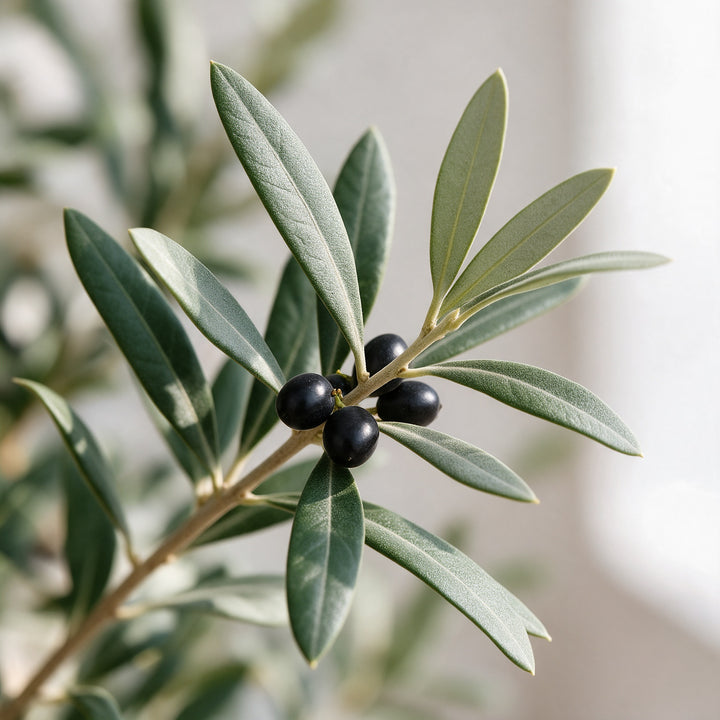 Artificial Olive Tree Set of 4 in Beige Fiberglass Pots — foliage and existing olive fruit close-up