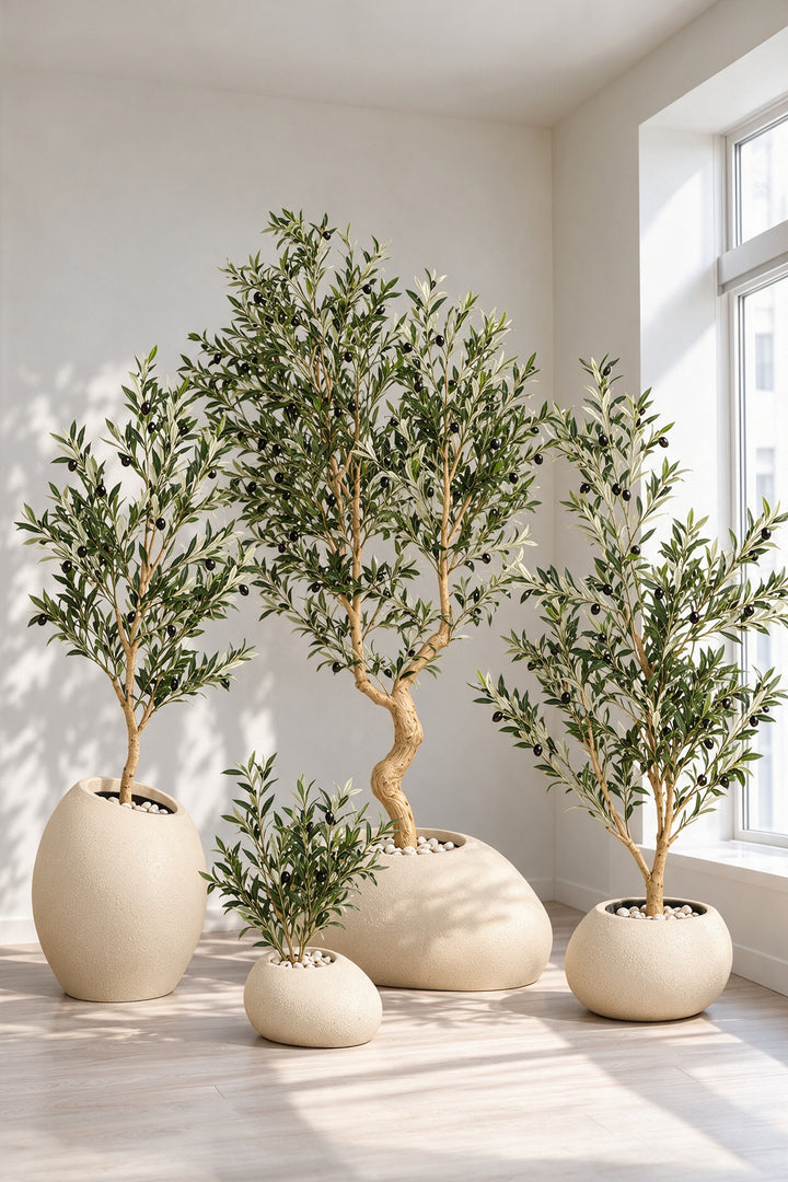 Artificial Olive Tree Set of 4 in Beige Fiberglass Pots — full interior view