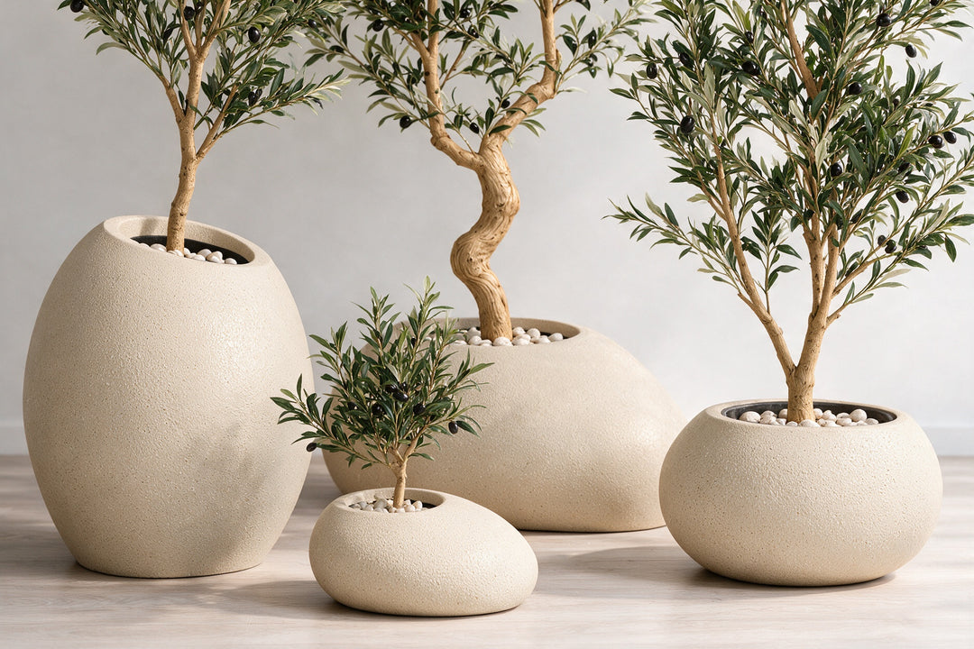 Artificial Olive Tree Set of 4 in Beige Fiberglass Pots — lower trunk and complete original planter set close-up