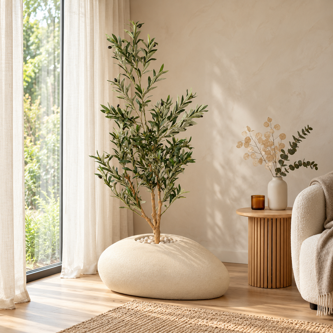150 cm artificial olive tree with silvery green leaves and black olives in a wide low beige pebble-shaped fiberglass pot, styled with pale stones.