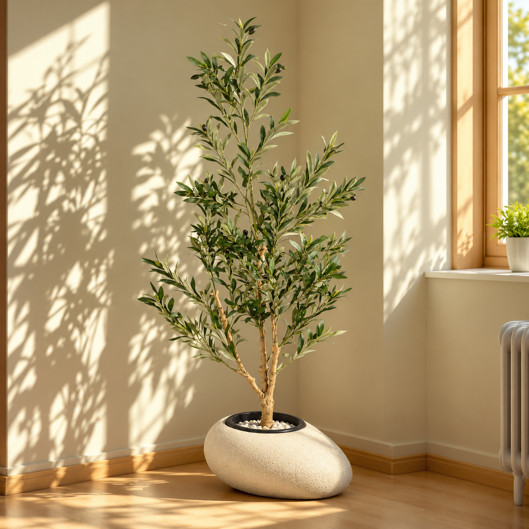 160 cm artificial olive tree with silvery green leaves and black olives in a low asymmetric beige fiberglass pot, styled with pale pebbles.