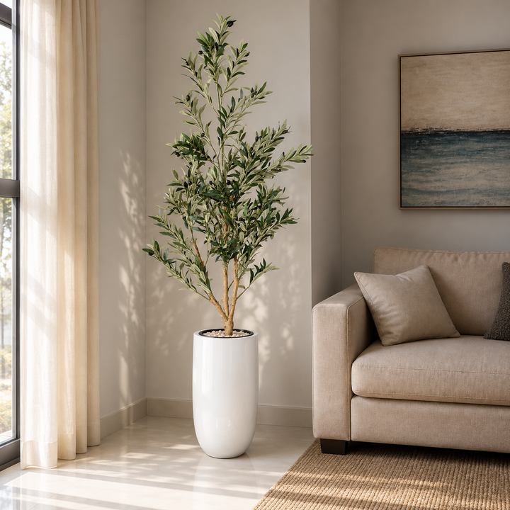 200 cm artificial olive tree with silvery green leaves and black olives in a tall glossy white fiberglass pot, styled with pale pebbles beside a beige sofa.
