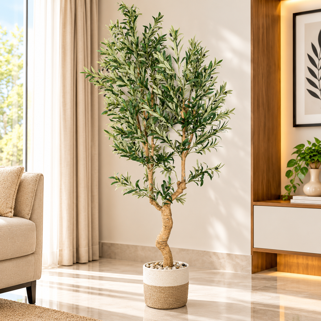 210 cm artificial olive tree with silvery green leaves, black olives and a curved woody trunk in a cream and natural tan woven pot.