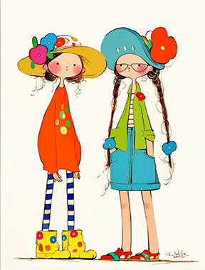 Whimsical Girls Art Canvas featuring two playful girls in vibrant outfits and hats on premium, water-resistant canvas with MDF frame and glass front.
