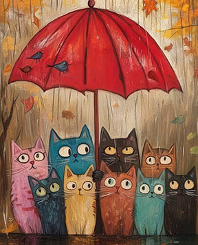 Colorful cats gathered under a red umbrella on vibrant whimsical canvas artwork