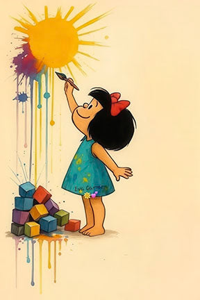 Joyful child painting bright sun on colorful canvas in MDF frame