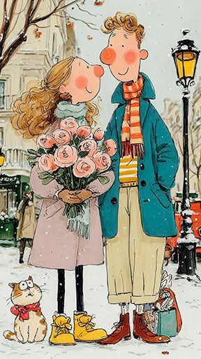 Romantic couple sharing a tender moment on a snowy winter street with warm city lights on canvas artwork
