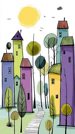Colorful abstract cityscape canvas with whimsical buildings and sunny sky in MDF frame