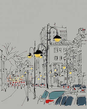 Urban sketch street lights canvas with warm glowing lights and hand-drawn city scene on premium canvas