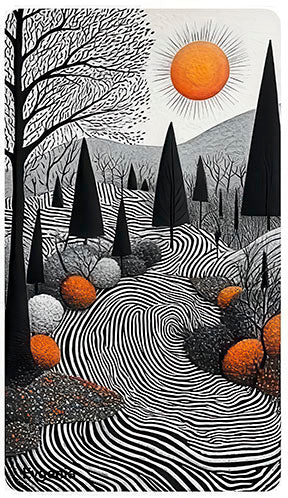 Abstract forest path canvas with black-and-white flowing lines, stylized trees, and orange accents on premium canvas