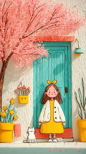 Whimsical girl standing by turquoise door with pink blossoms and cat on canvas art