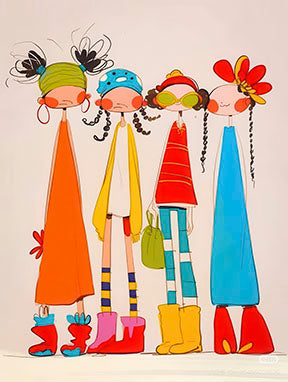 Colorful Friends Illustrated Canvas with four whimsical characters in vibrant outfits on premium canvas in MDF frame