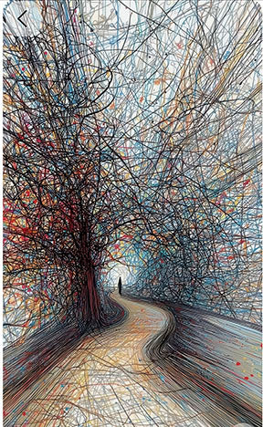 Abstract Journey Path canvas art with winding path and layered tree forms on premium material