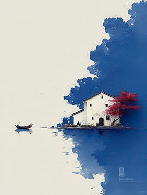 Minimalist lakeside house reflection canvas with white house, red tree, and blue water in Scandinavian decor