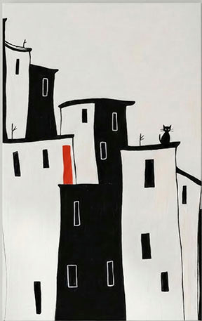 Minimal black and white city canvas with abstract buildings and red accent in MDF frame