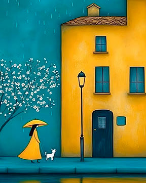 Rainy Street Girl Canvas Art showing girl in yellow coat with umbrella and cat by mustard house under teal sky