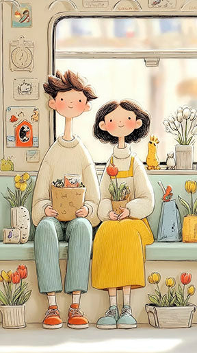 Cozy couple sitting by window on illustrated canvas with plants and warm decor
