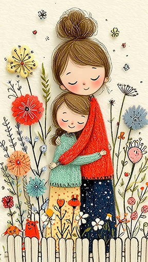 Motherly Embrace Floral Canvas showing tender mother and child with soft florals in warm colors