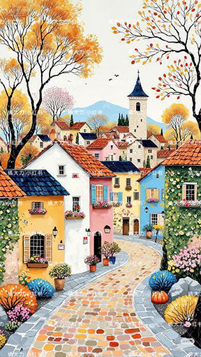Autumn village path canvas artwork with colorful European village and autumn trees