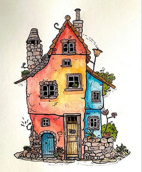 Whimsical colorful house hand-drawn watercolor canvas art with playful details and MDF frame