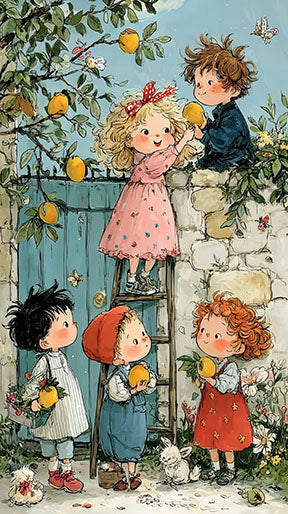 Playful children picking fruit in colorful garden canvas art with MDF frame and glass front panel