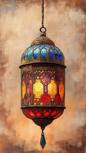 Moroccan lantern canvas wall art with vibrant stained-glass colors and MDF frame