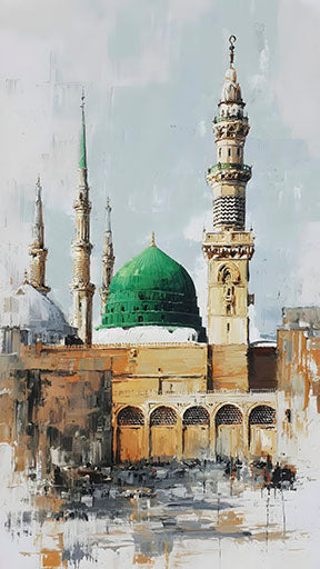 Al Masjid An-Nabawi canvas wall art featuring the Prophet's Mosque with green dome and minarets in elegant MDF frame