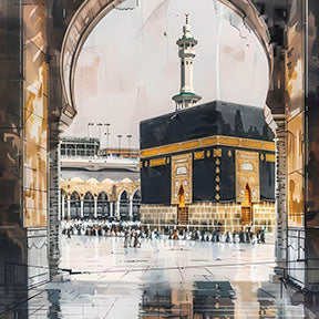 Al Kaaba canvas wall art featuring the Holy Kaaba framed by Grand Mosque arches on premium canvas with MDF frame and glass front